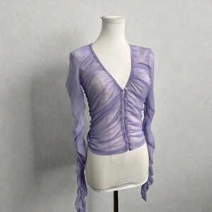 Zara Sheer Lavender Ruched Mesh Button Front Top – Romantic Fairycore XS